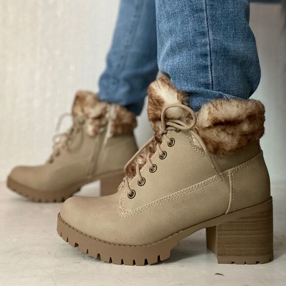 Hiking Beige Faux Suede Combat Booties - Picture 7 of 8